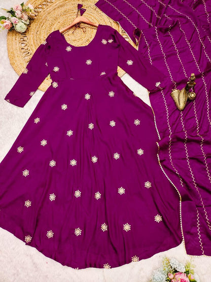 Beautiful Anarkali Gown with dupatta IN Chinon Fabric Maroon color