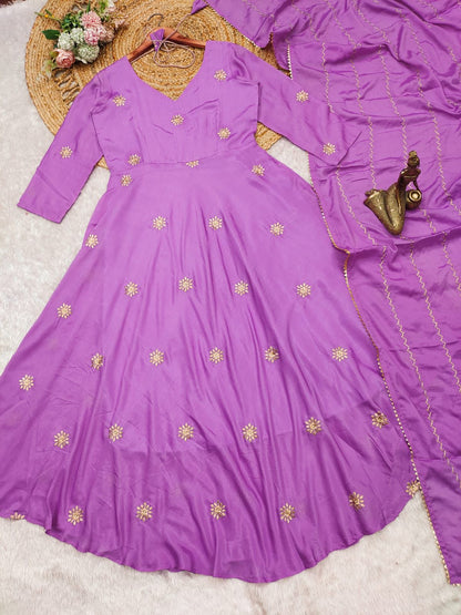 Beautiful Anarkali Gown with dupatta IN Chinon Fabric Light Purple color