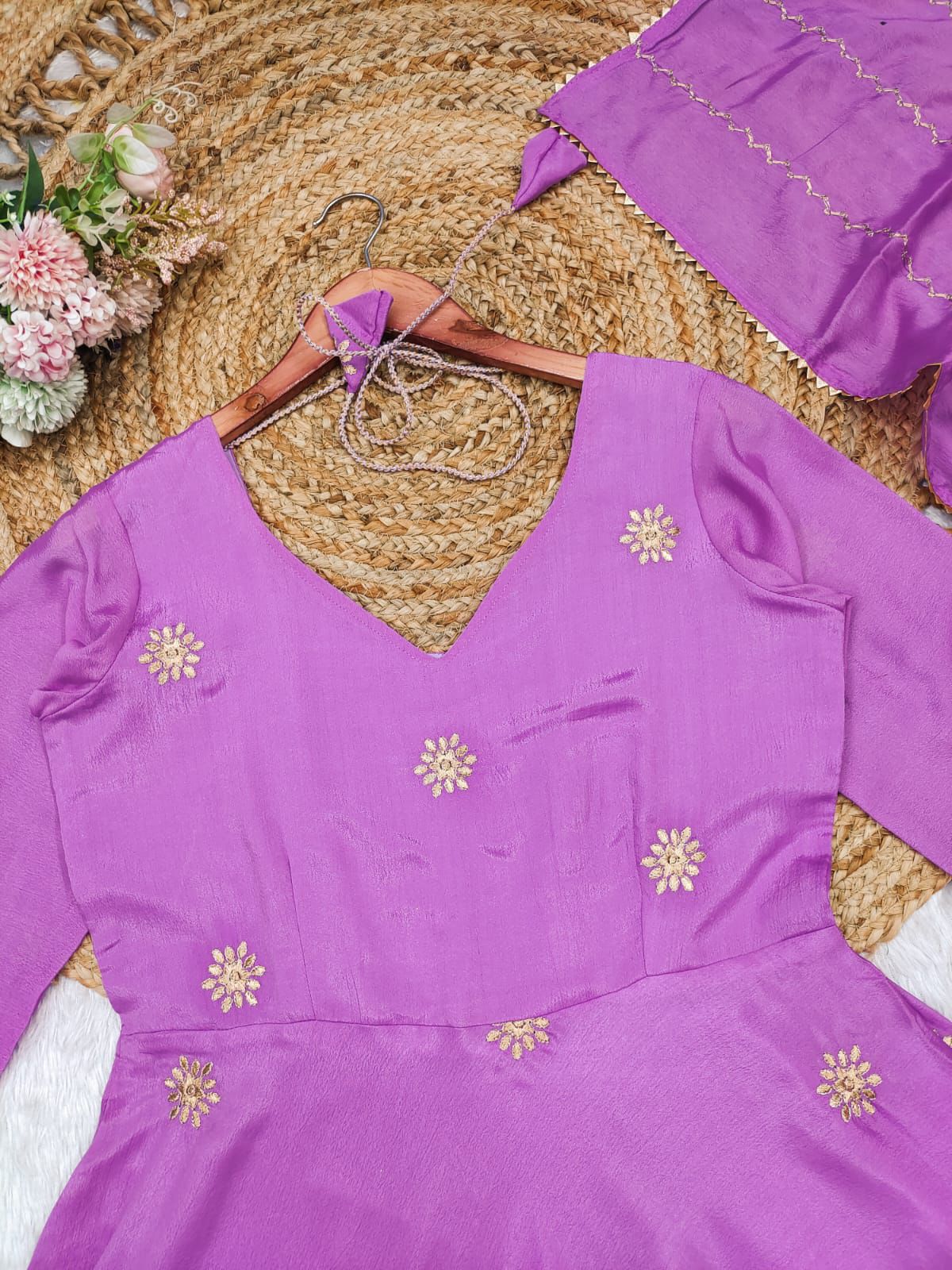 Beautiful Anarkali Gown with dupatta IN Chinon Fabric Light Purple color