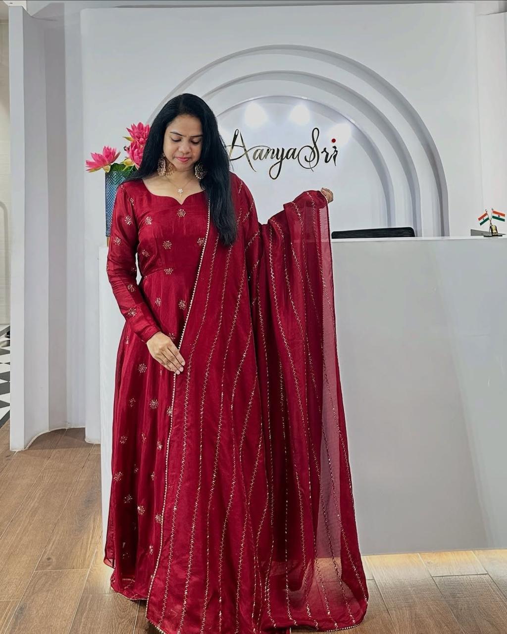 Beautiful Anarkali Gown with dupatta IN Chinon Fabric Red color