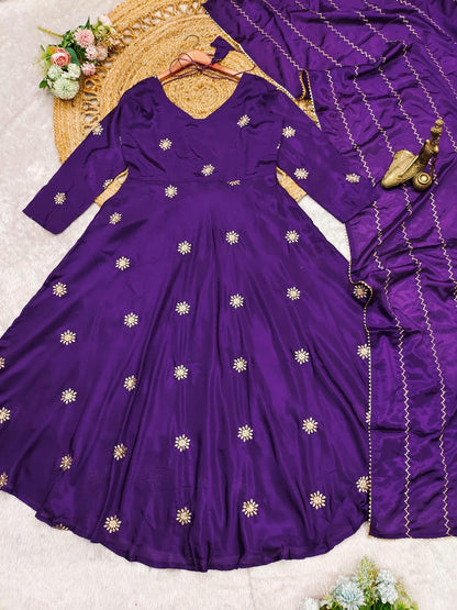 Beautiful Anarkali Gown with dupatta IN Chinon Fabric Purple color