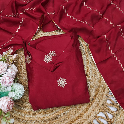 Beautiful Anarkali Gown with dupatta IN Chinon Fabric Red color