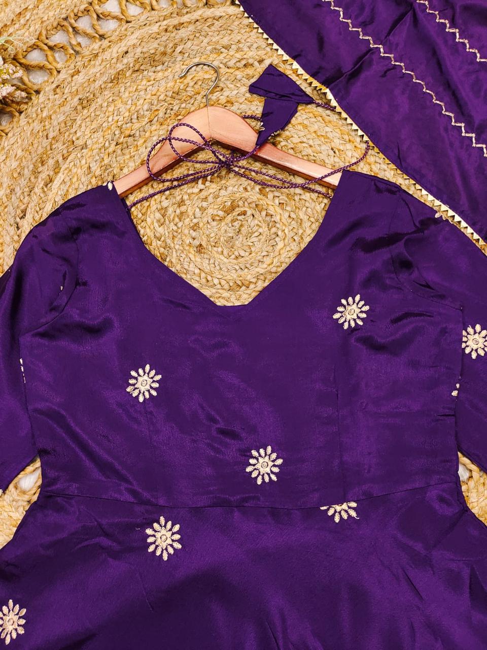 Beautiful Anarkali Gown with dupatta IN Chinon Fabric Purple color