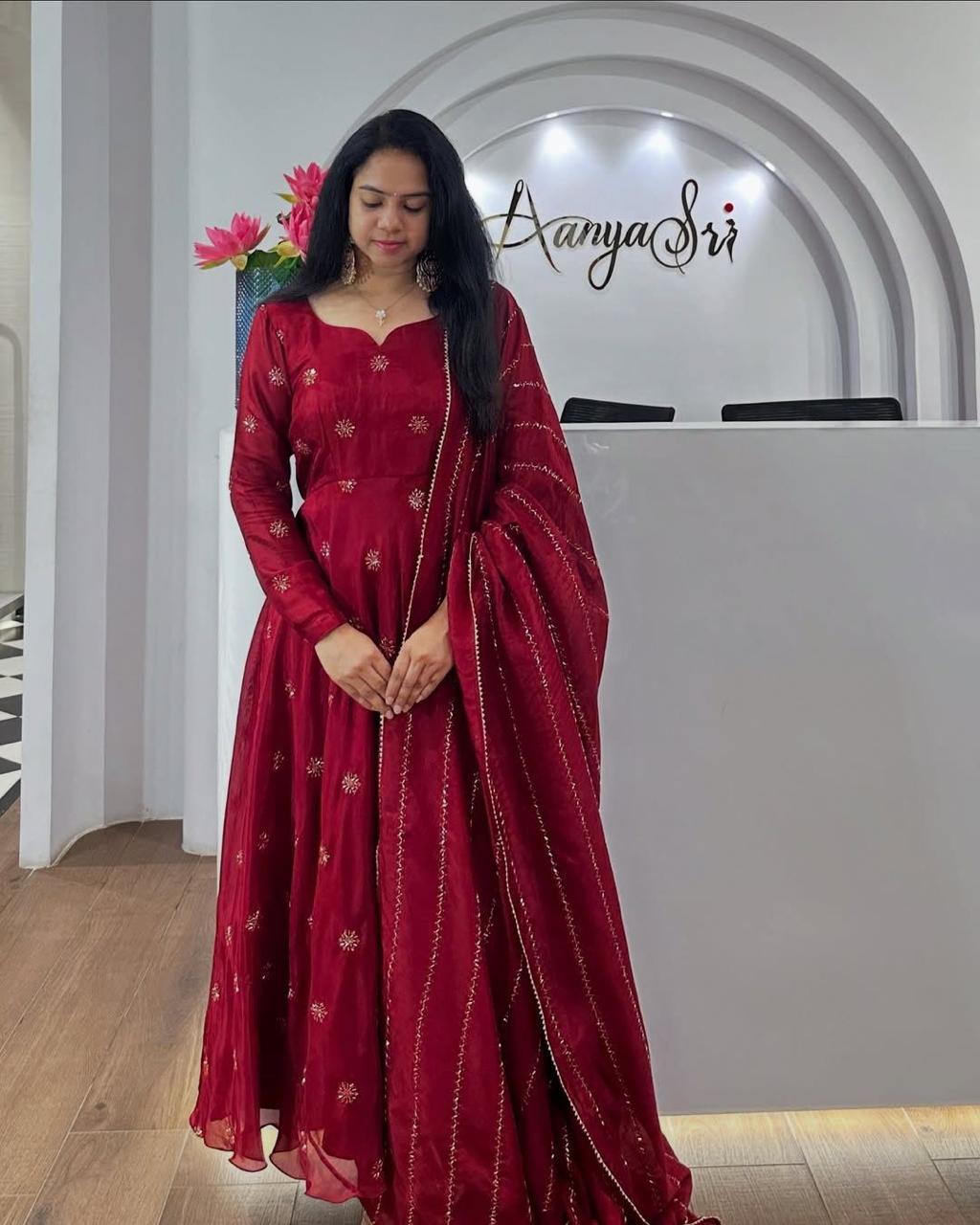 Beautiful Anarkali Gown with dupatta IN Chinon Fabric Red color