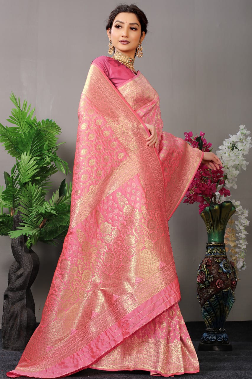 Pink Color Beautiful Kanchipuram Pure Silk Saree