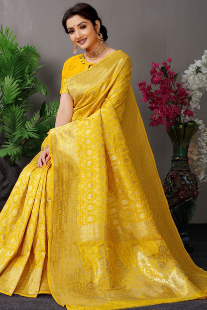 Yellow Color Beautiful Kanchipuram Pure Silk Saree