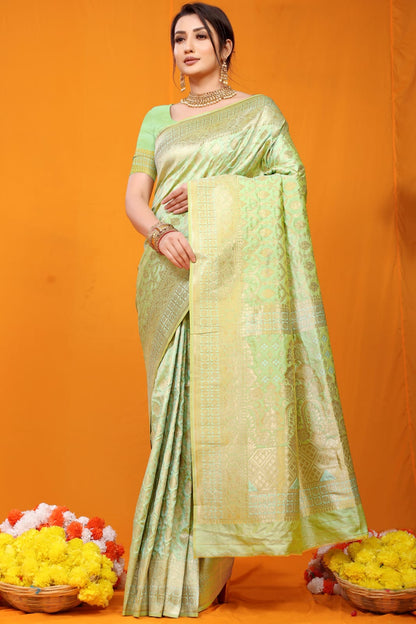 Sky Green Color Beautiful Kanchipuram Pure Silk Saree