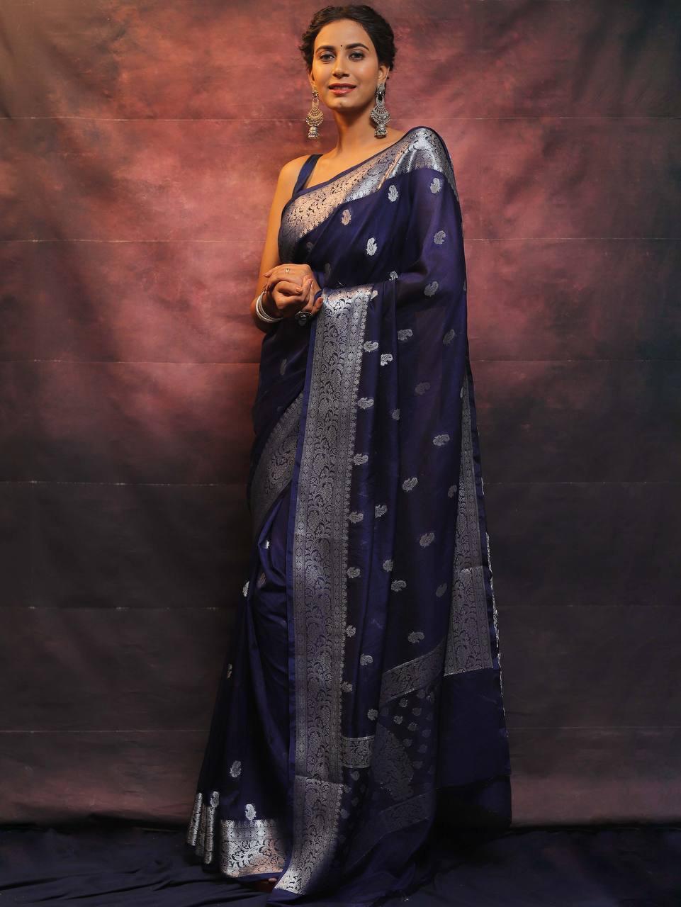 Dark BLue Color Beautiful Banarasi Lichi Silk Saree