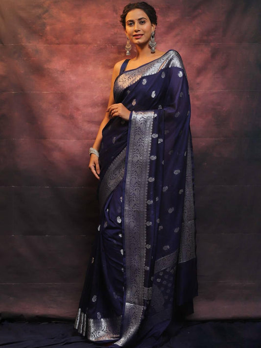 Dark BLue Color Beautiful Banarasi Lichi Silk Saree