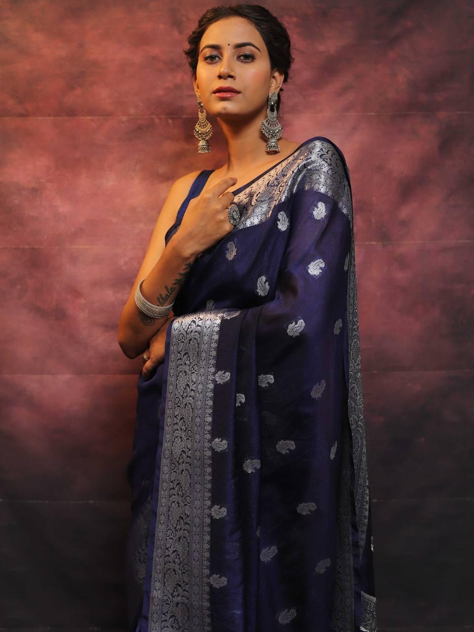 Dark BLue Color Beautiful Banarasi Lichi Silk Saree