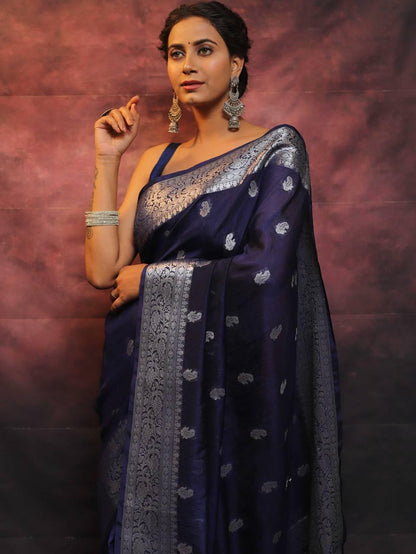 Dark BLue Color Beautiful Banarasi Lichi Silk Saree