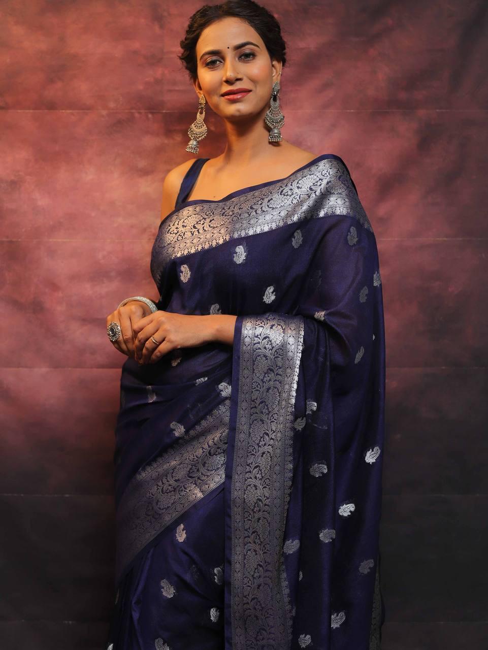 Dark BLue Color Beautiful Banarasi Lichi Silk Saree