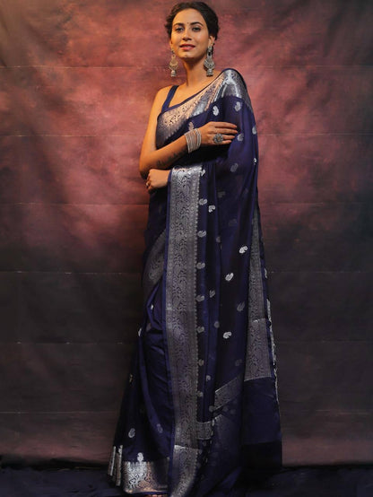 Dark BLue Color Beautiful Banarasi Lichi Silk Saree