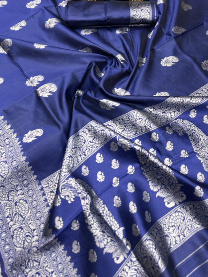 Dark BLue Color Beautiful Banarasi Lichi Silk Saree