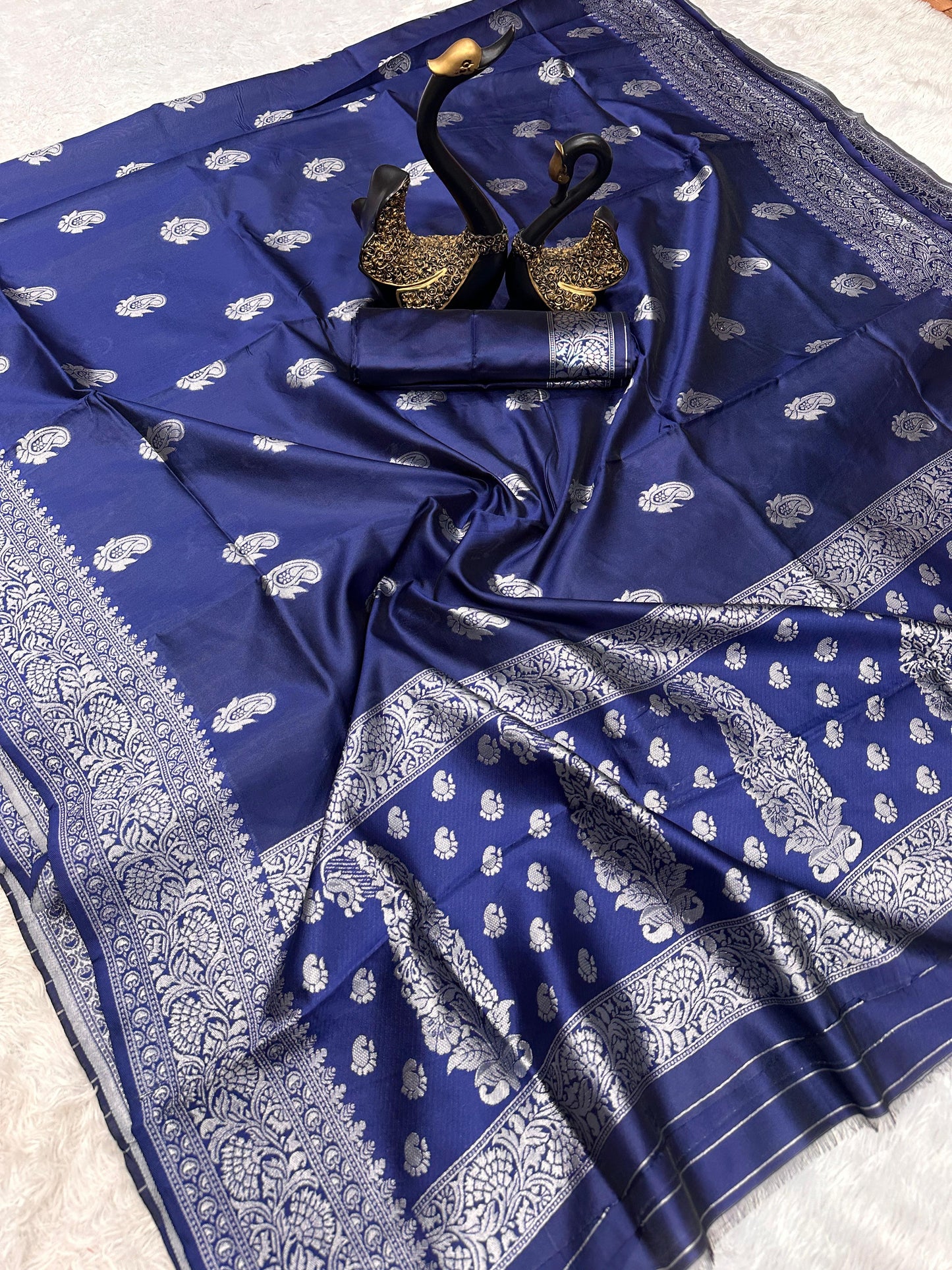 Dark BLue Color Beautiful Banarasi Lichi Silk Saree