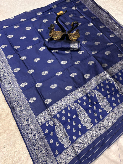 Dark BLue Color Beautiful Banarasi Lichi Silk Saree