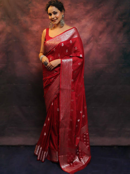 Red Color Beautiful Banarasi Lichi Silk Saree