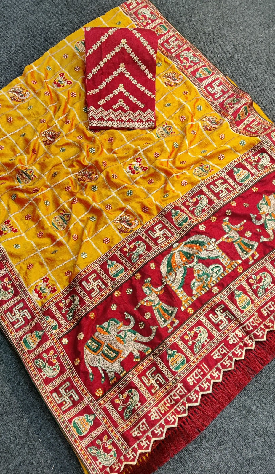 Mustards Yellow Red Color Panetar Patola Saubhagyavati Bhava Kalash Wedding & Special Occasion Saree