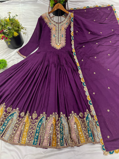 Purple Color Beautiful Chinon Silk Partywear Suit