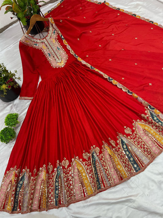 Red Color Beautiful Chinon Silk Partywear Suit