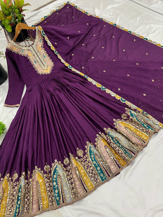 Purple Color Beautiful Chinon Silk Partywear Suit