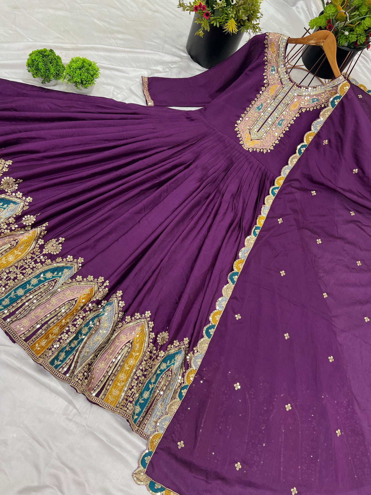 Purple Color Beautiful Chinon Silk Partywear Suit