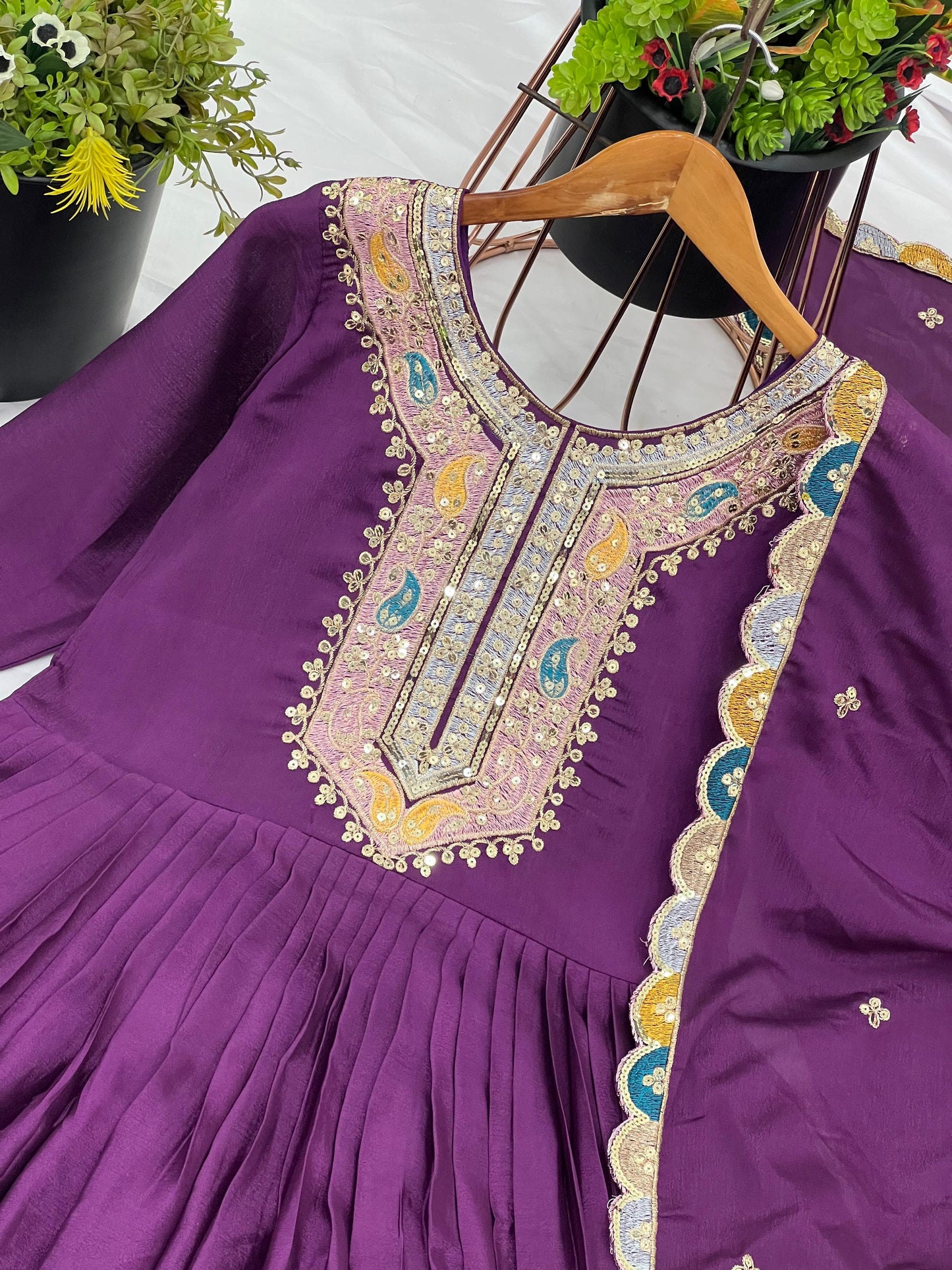 Purple Color Beautiful Chinon Silk Partywear Suit