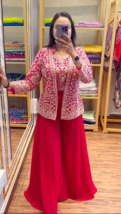 Pink Color Beautiful Plazo Blouse Koti Dress in Georgette Fabric