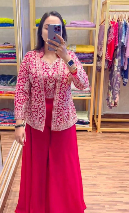 Pink Color Beautiful Plazo Blouse Koti Dress in Georgette Fabric