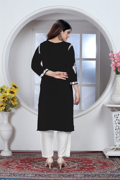 Rayon Elegant Chikankari Kurti With Pant Set in Color Black