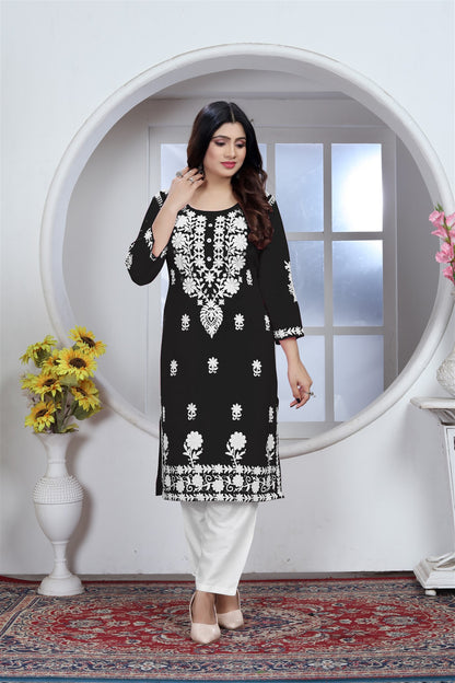 Rayon Elegant Chikankari Kurti With Pant Set in Color Black