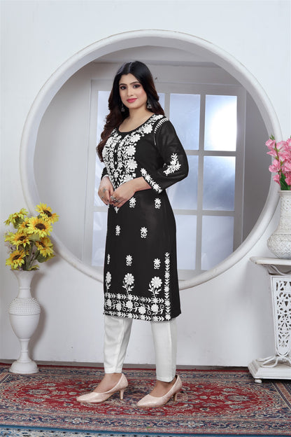 Rayon Elegant Chikankari Kurti With Pant Set in Color Black