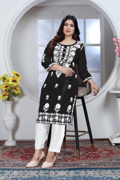 Rayon Elegant Chikankari Kurti With Pant Set in Color Black