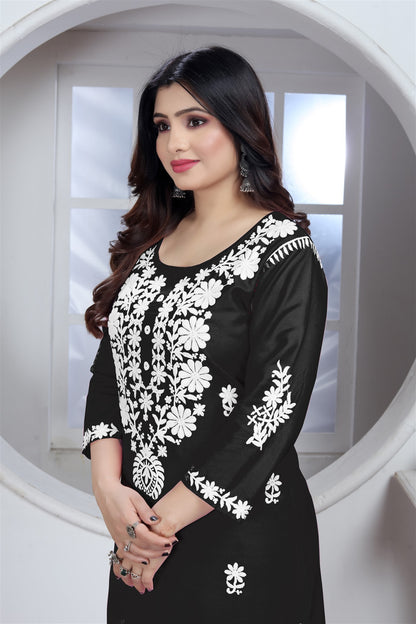 Rayon Elegant Chikankari Kurti With Pant Set in Color Black