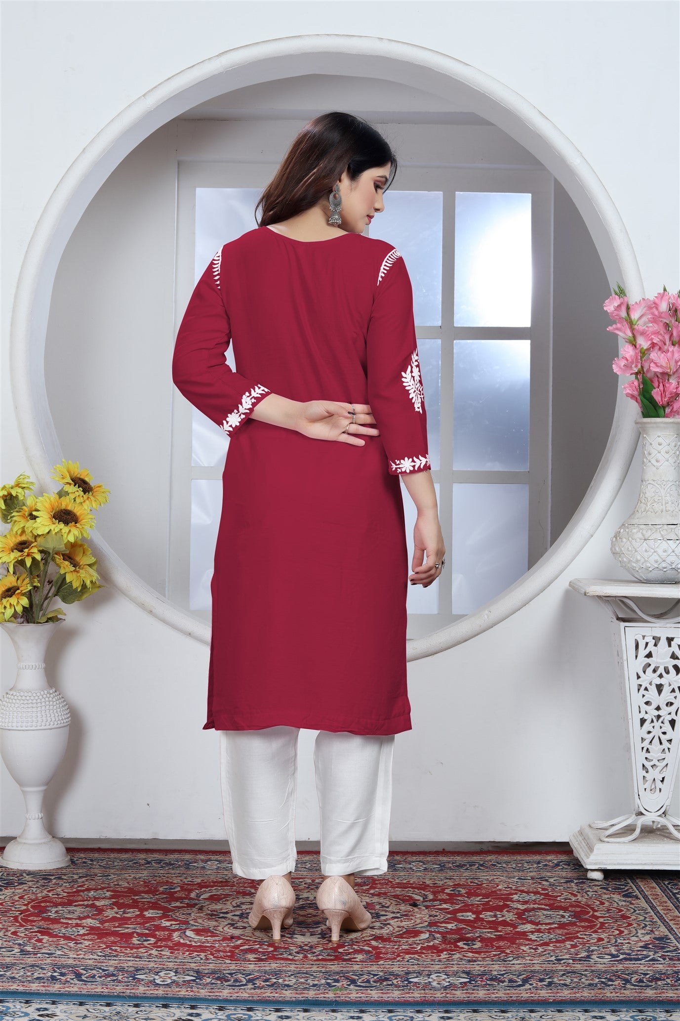 Rayon Elegant Chikankari Kurti With Pant Set in Color Maroon