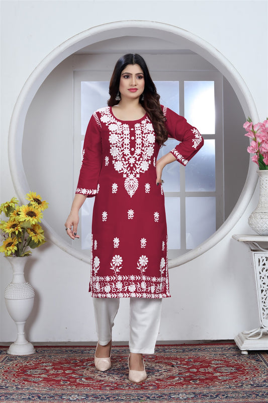 Rayon Elegant Chikankari Kurti With Pant Set in Color Maroon