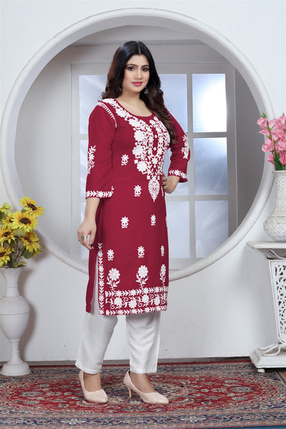 Rayon Elegant Chikankari Kurti With Pant Set in Color Maroon