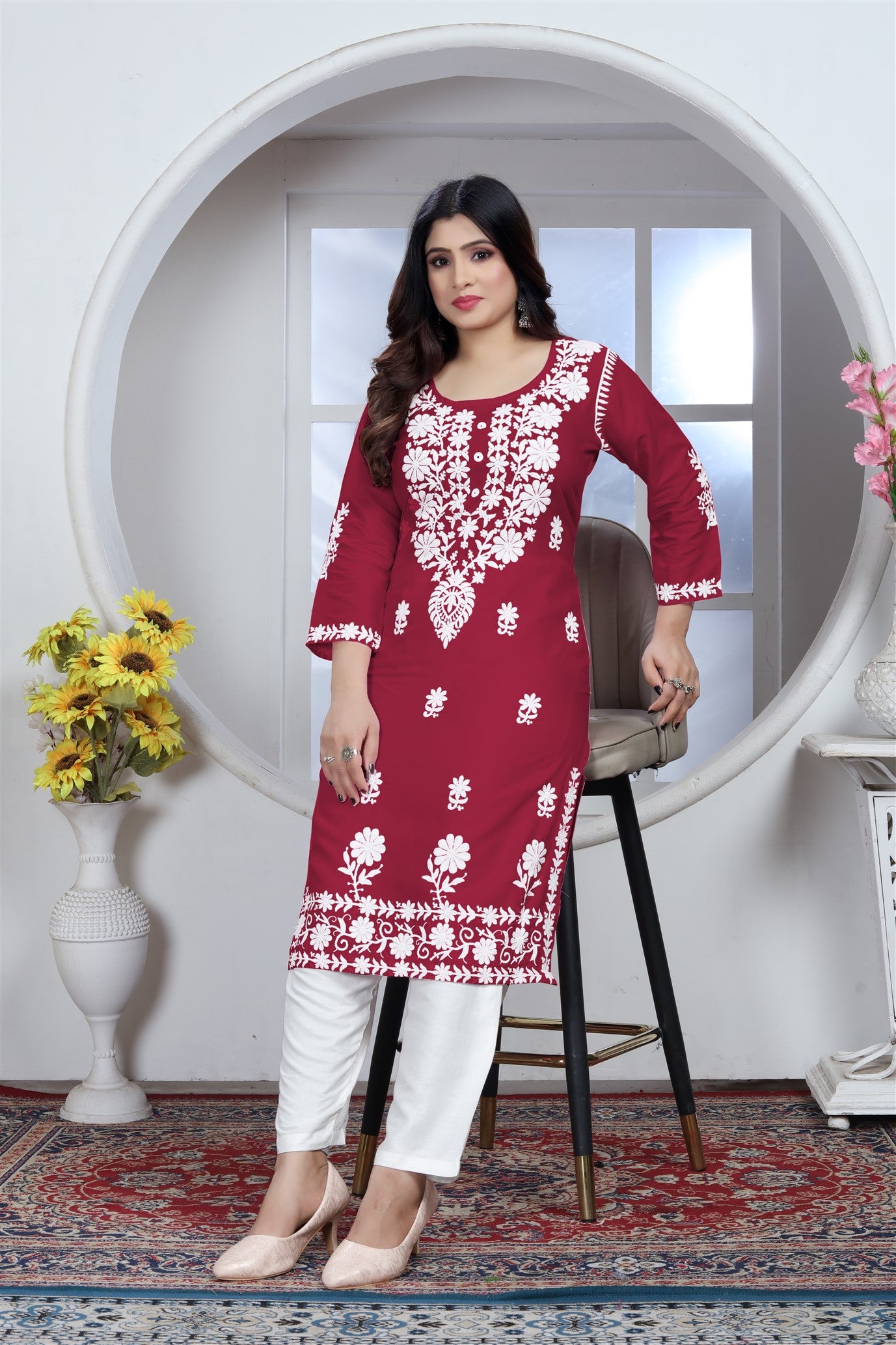 Rayon Elegant Chikankari Kurti With Pant Set in Color Maroon