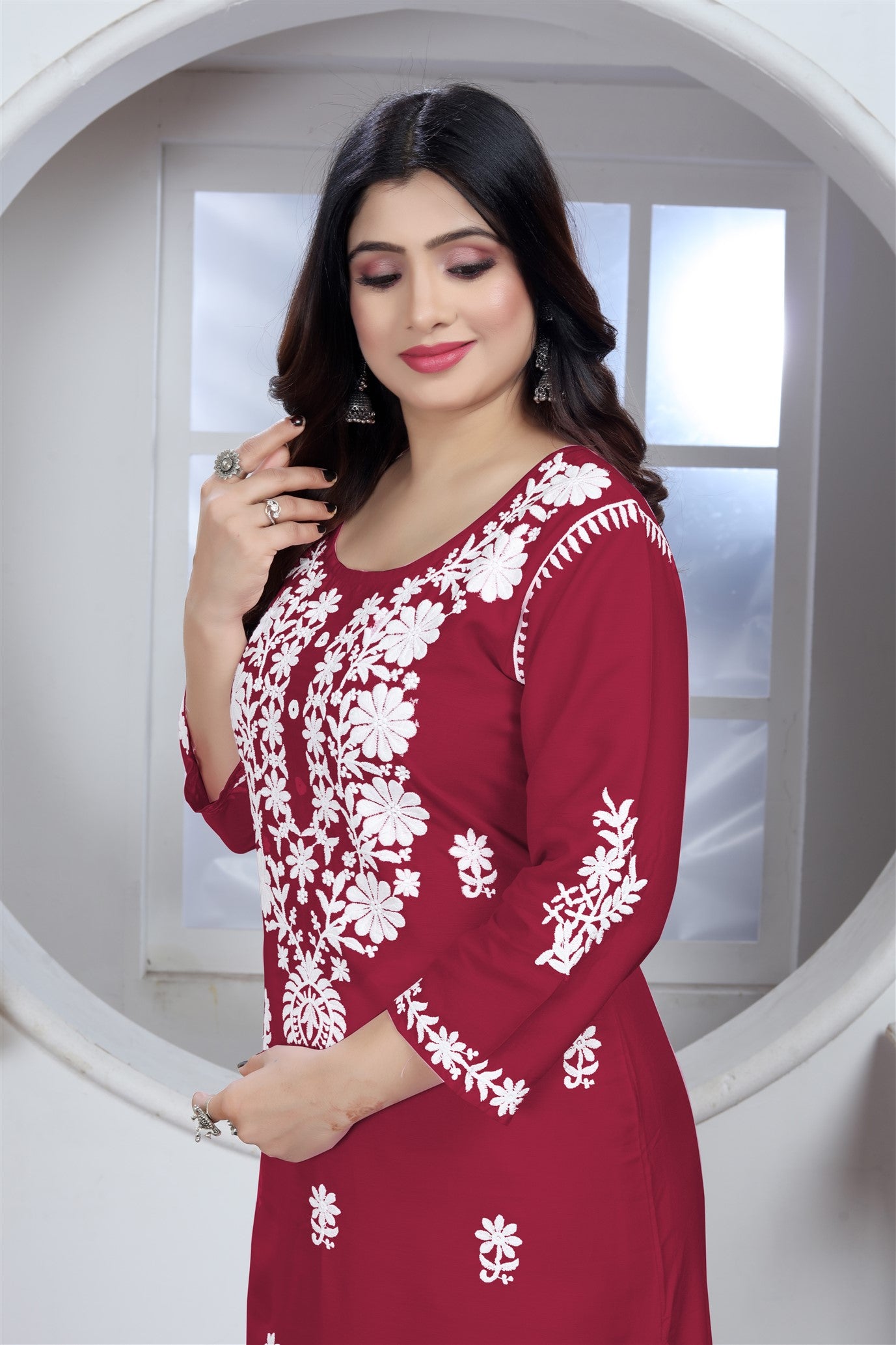 Rayon Elegant Chikankari Kurti With Pant Set in Color Maroon