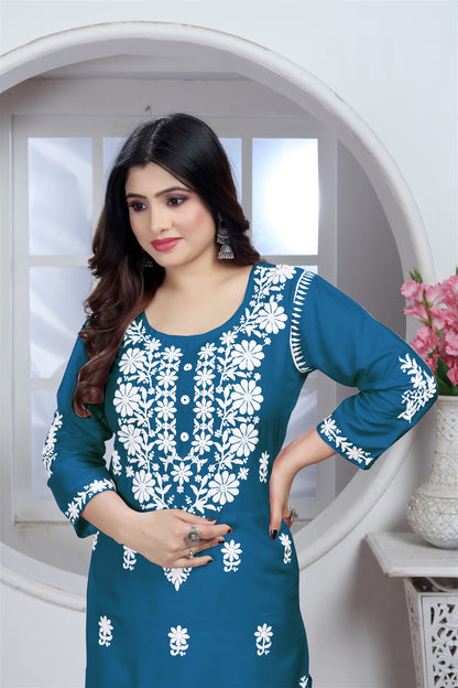 Rayon Elegant Chikankari Kurti With Pant Set in Color Morpitch