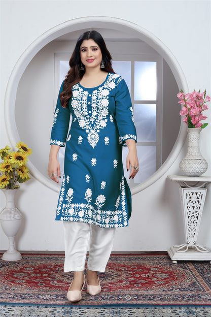 Rayon Elegant Chikankari Kurti With Pant Set in Color Morpitch