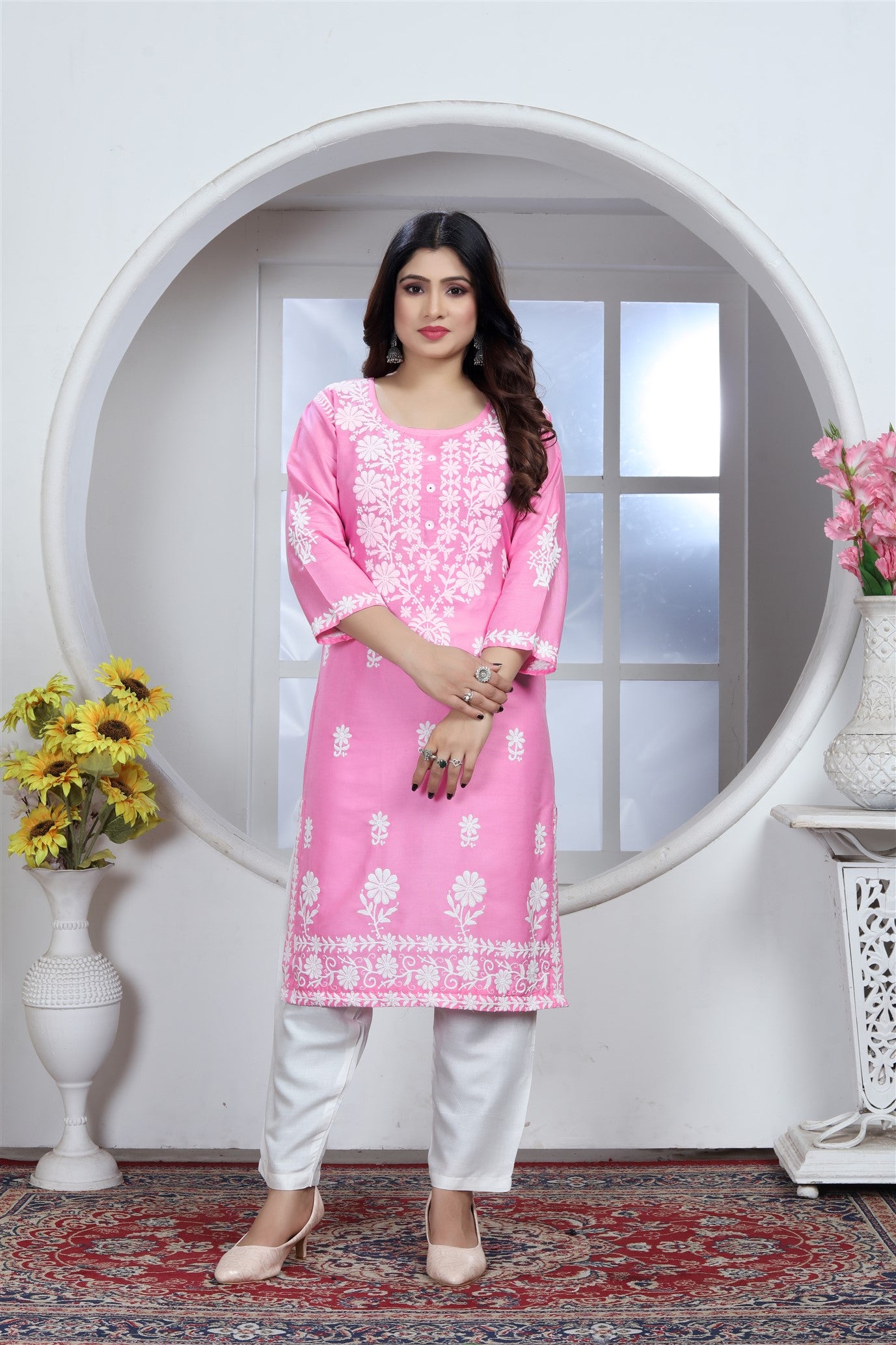 Rayon Elegant Chikankari Kurti With Pant Set in Color Pink