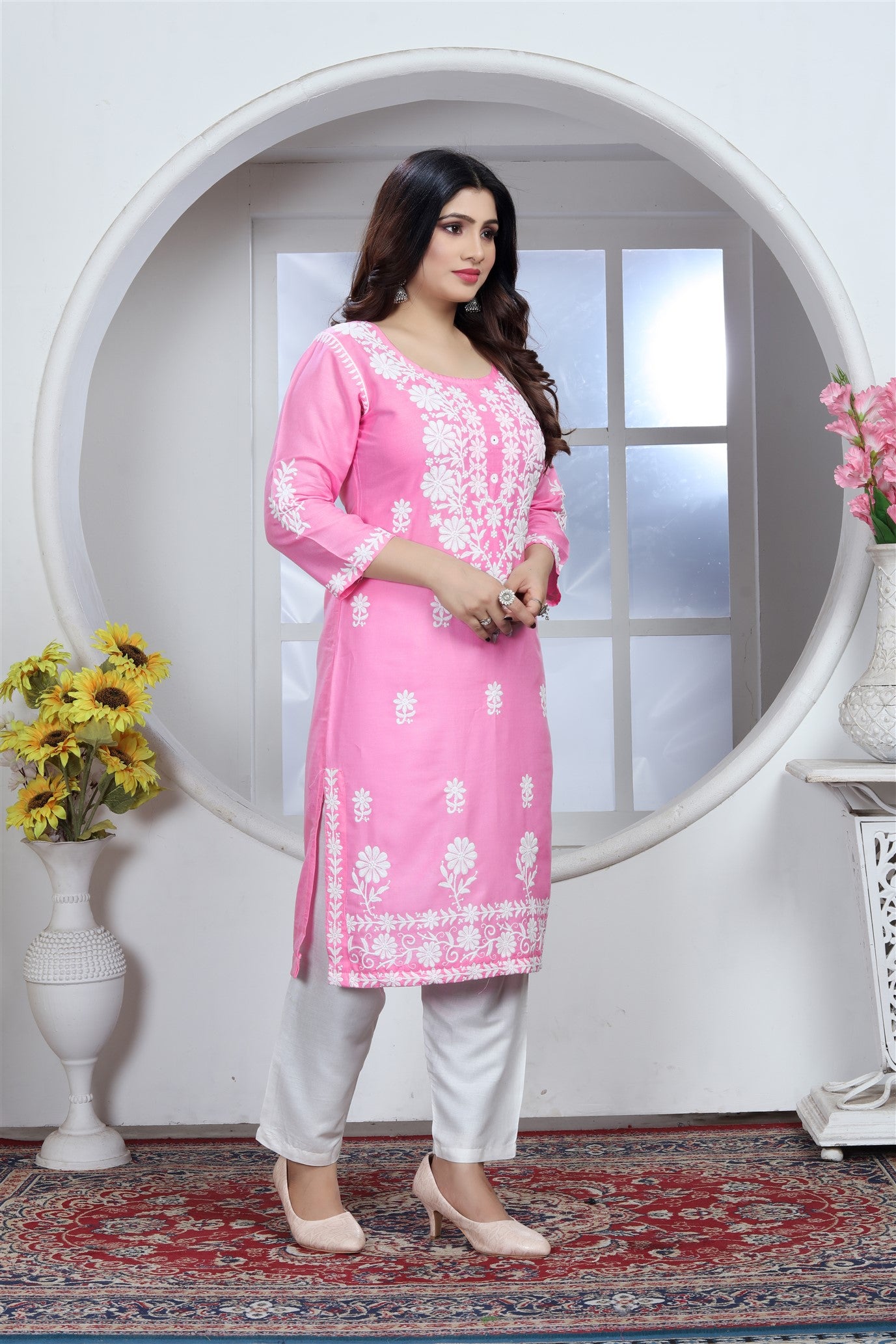 Rayon Elegant Chikankari Kurti With Pant Set in Color Pink