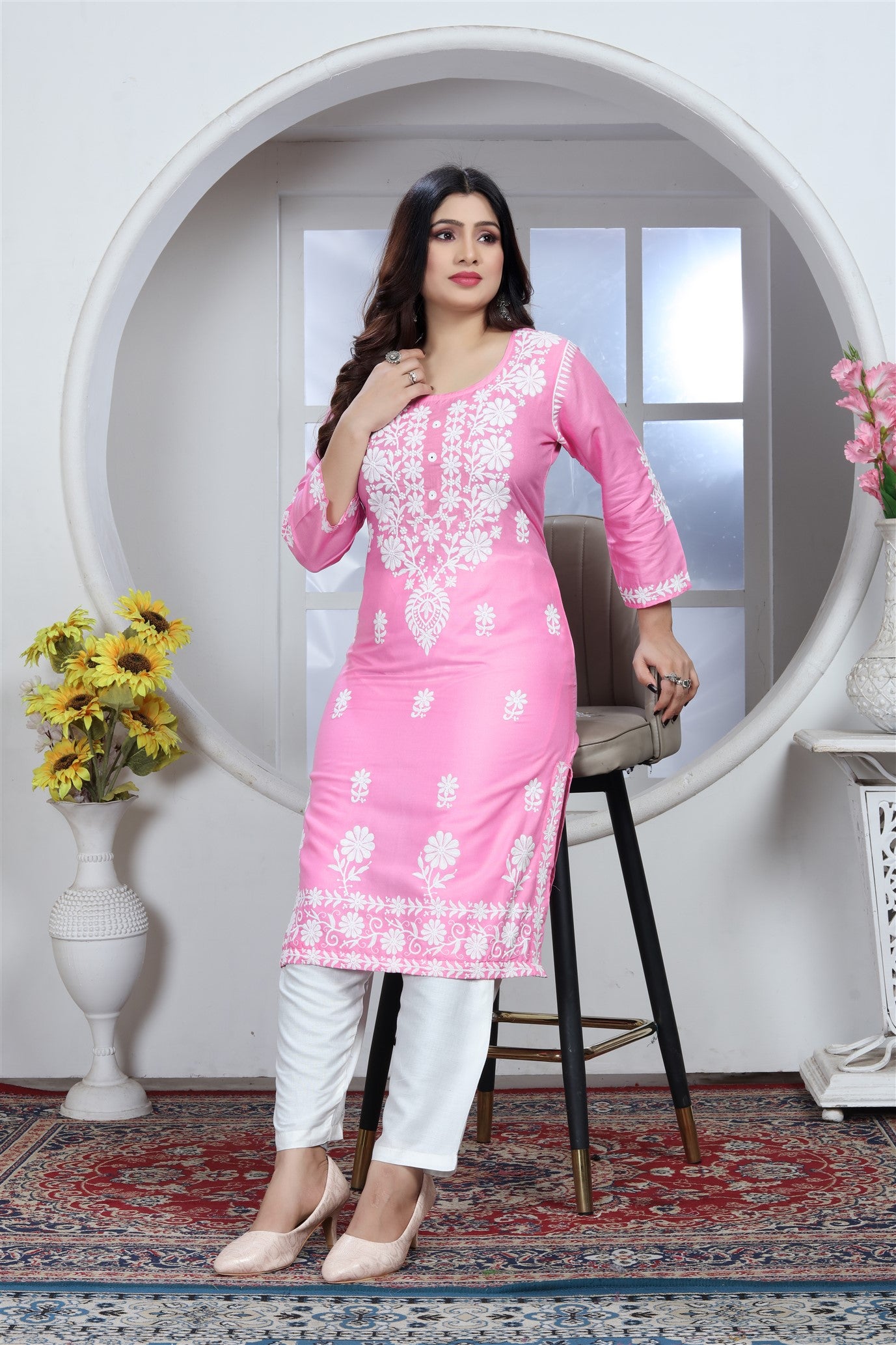 Rayon Elegant Chikankari Kurti With Pant Set in Color Pink