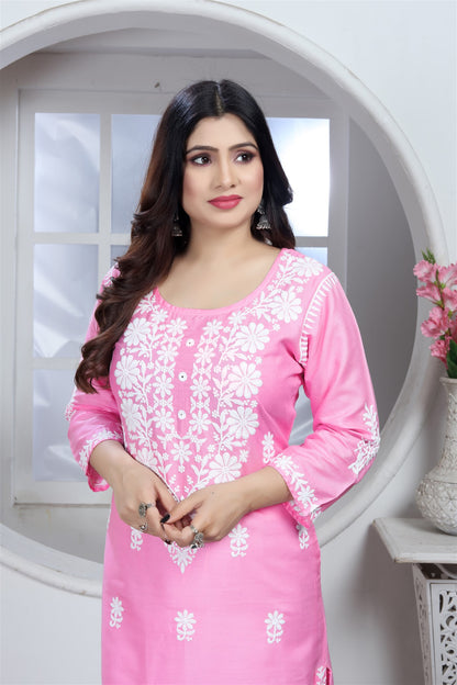 Rayon Elegant Chikankari Kurti With Pant Set in Color Pink