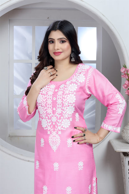 Rayon Elegant Chikankari Kurti With Pant Set in Color Pink