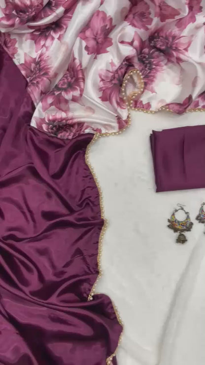Half Half Satin Saree Collection With Beautiful Flower Print