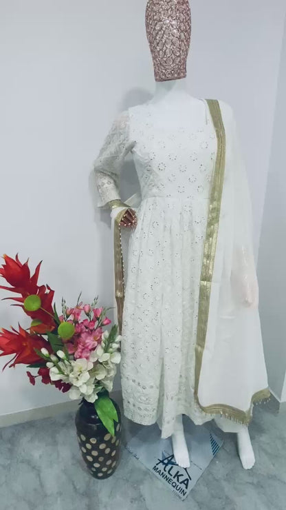 White Cream Color Beautiful Anarkali Gown in Georgette Fabric