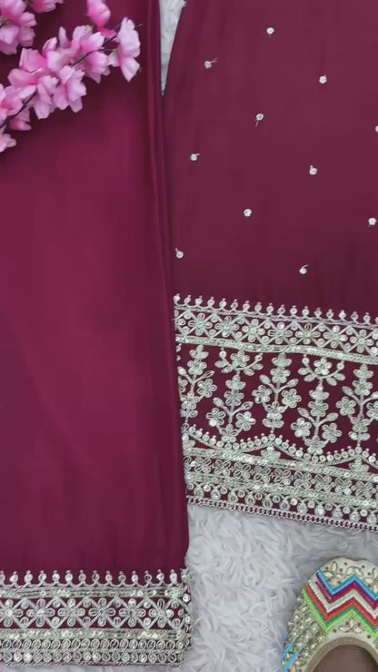 Chinnon And Heavy Embroidery Sequence Work Top-Bottom And Dupatta Set