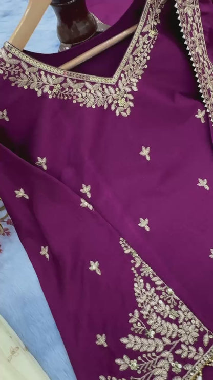 Purple Color Beautiful Chinon Fabric Plazo Suit